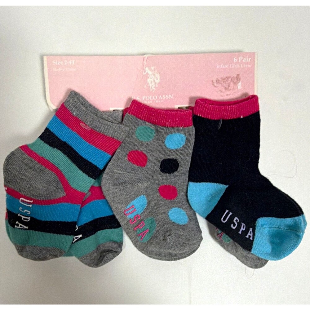 U.S. Polo Assn. Girls Crew Socks 6-Pair Multipack 2T-4T Multicolor U91892-030